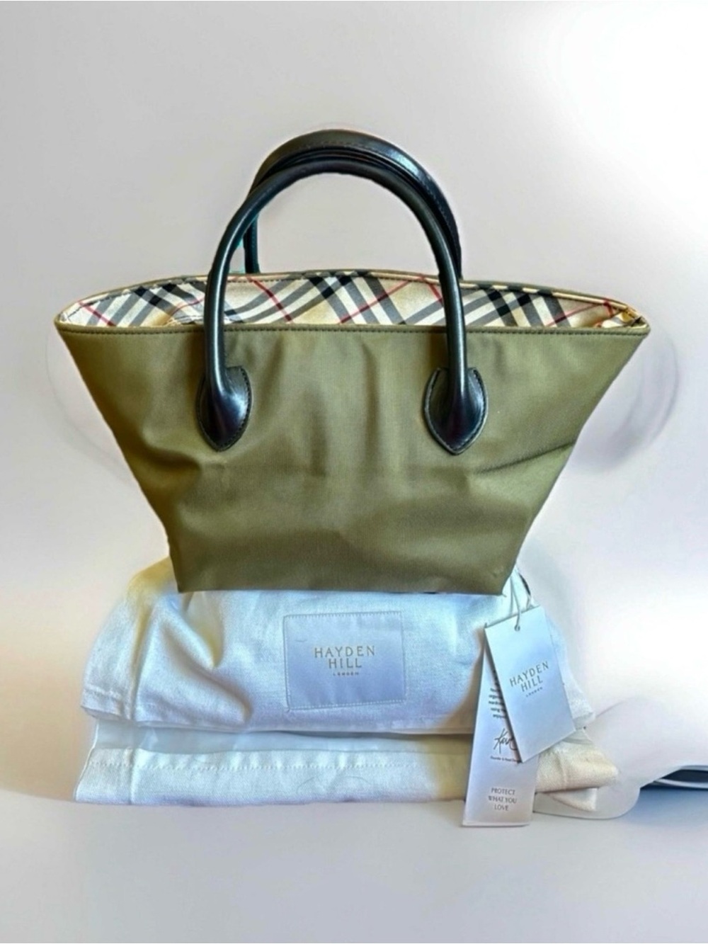 Burberry Blue Label Olive Green Nylon Mini Tote Bag with Nova Check & Dust Bag